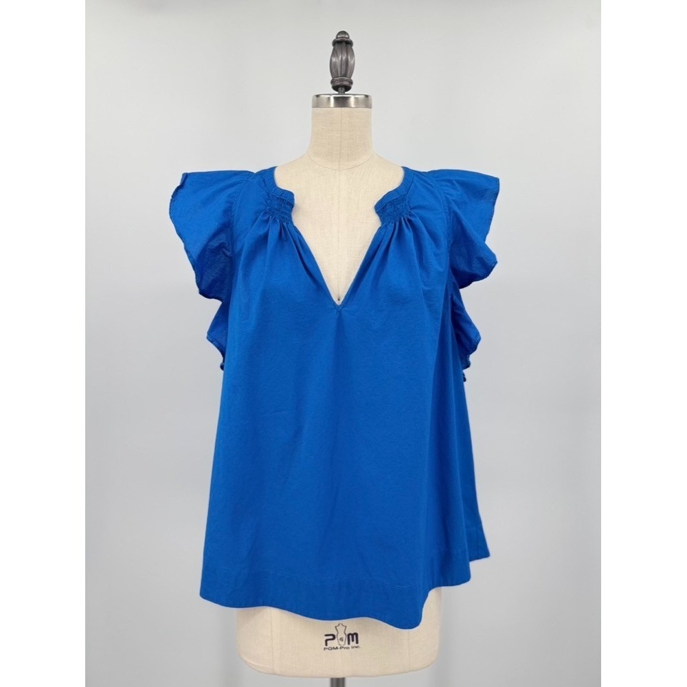 HD In Paris Anthropologie Top Cerulean Blue Flutter Sleeve Blouse Size 12 Cotton - Picture 2 of 10